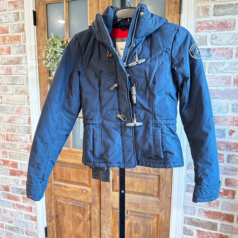 Abercrombie Fitch Jacket Women Navy Blue Duffle Puffer Toggle Hooded Timeless XS